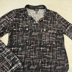 Jones New York Black/Pink Print 3/4 Roll Tab Sleeve V Neck Blouse Size S/P